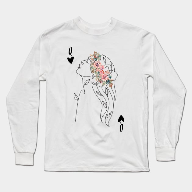 Queen of hearts card floral design Long Sleeve T-Shirt by Katebi Designs